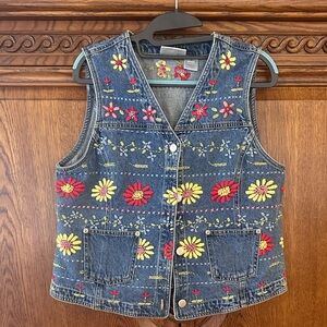 Susan Bristol Vintage Floral Embroiderd Denim Vest M